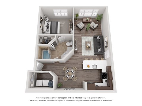Floor plan for 1 bed, 1 bath, 857 sqft